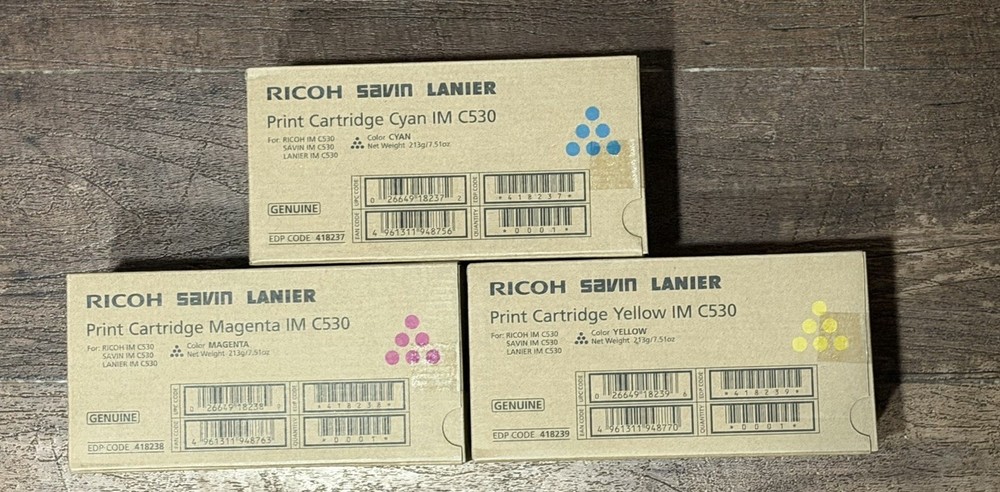 3 Genuine Ricoh IM C530FB Cyan, Magenta & Yellow Toner 418236 418237 418239
