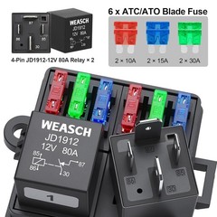 12V Pre-Wired Fuse Relay Box with 2 Relays & 6 ATC/ATO Fuses 4-Pin 80A