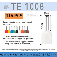 115 Electric Capicorda 2x1mm² White Insulated Cable Terminals Crimp Tubular