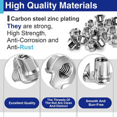 100 Pack 1/4″-20 T Nuts for Wood, Zinc-Plated Carbon Steel 4-Prong Tee Nuts for