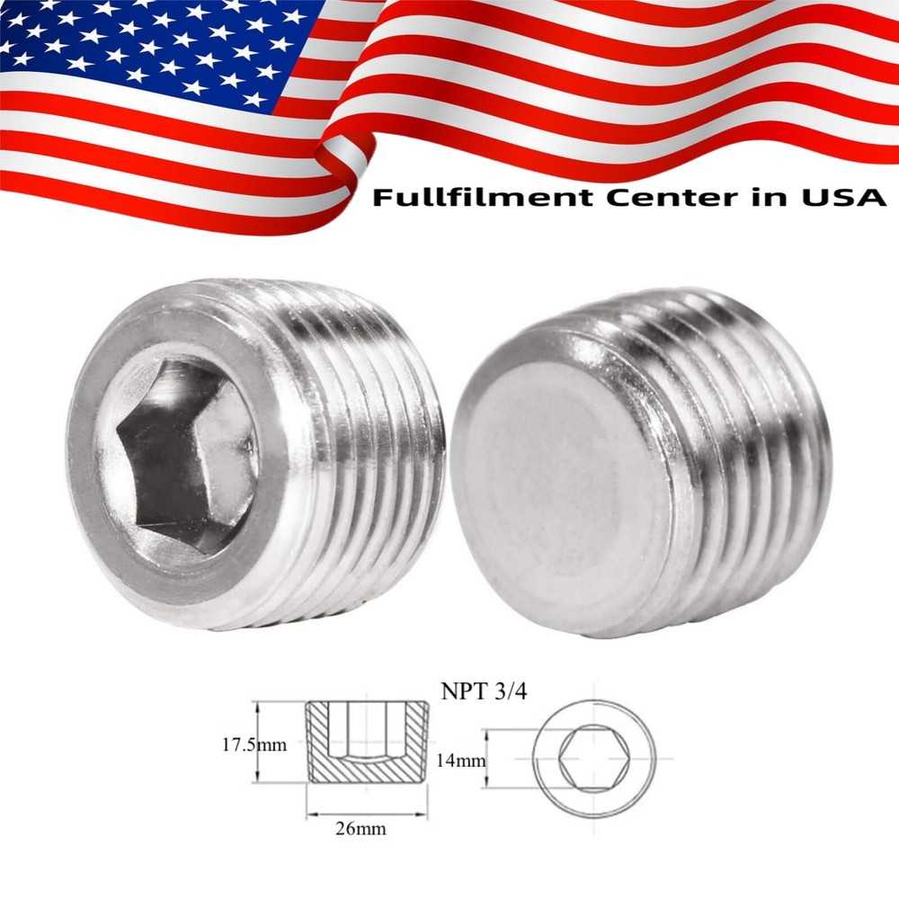 STAINLESS STEEL PLUG ALLEN HEAD 3/4″ NPT PIPE 2PCS,USA STOCK!!