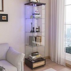 Tempered Glass Antique Curio Display Cabinet with Drawer RGB LED Light 4 Shelves