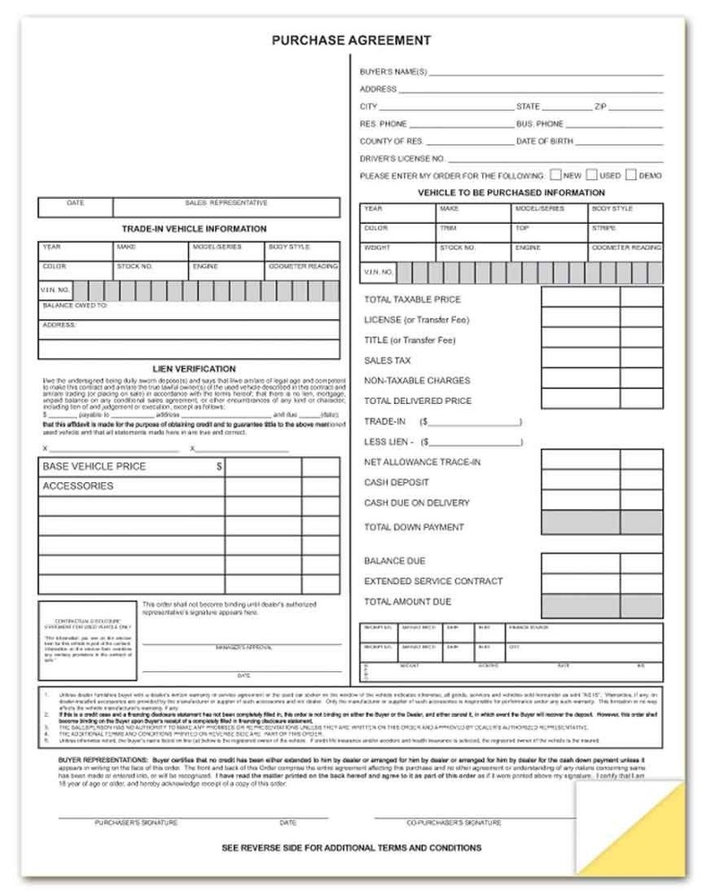 Vehicle Purchase Agreement Forms 2-Part 100 per Pack