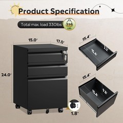 3 Drawer File Cabinet, Metal Filing Cabinet with Lock, Under Desk Cabinet