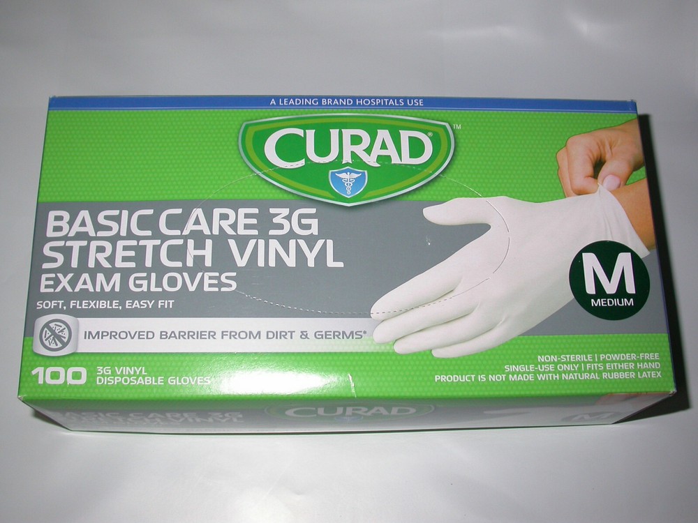 CURAD BASIC CARE 3G STRETCH VINYL EXAM GLOVES 100 COUNT MEDIUM (M)