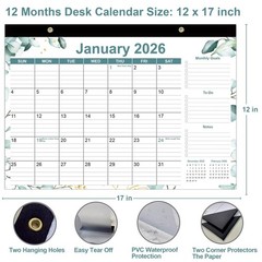 2026 Desk Calendar – 12 Months Calendars from January 17″ x 12″, Green Leaf
