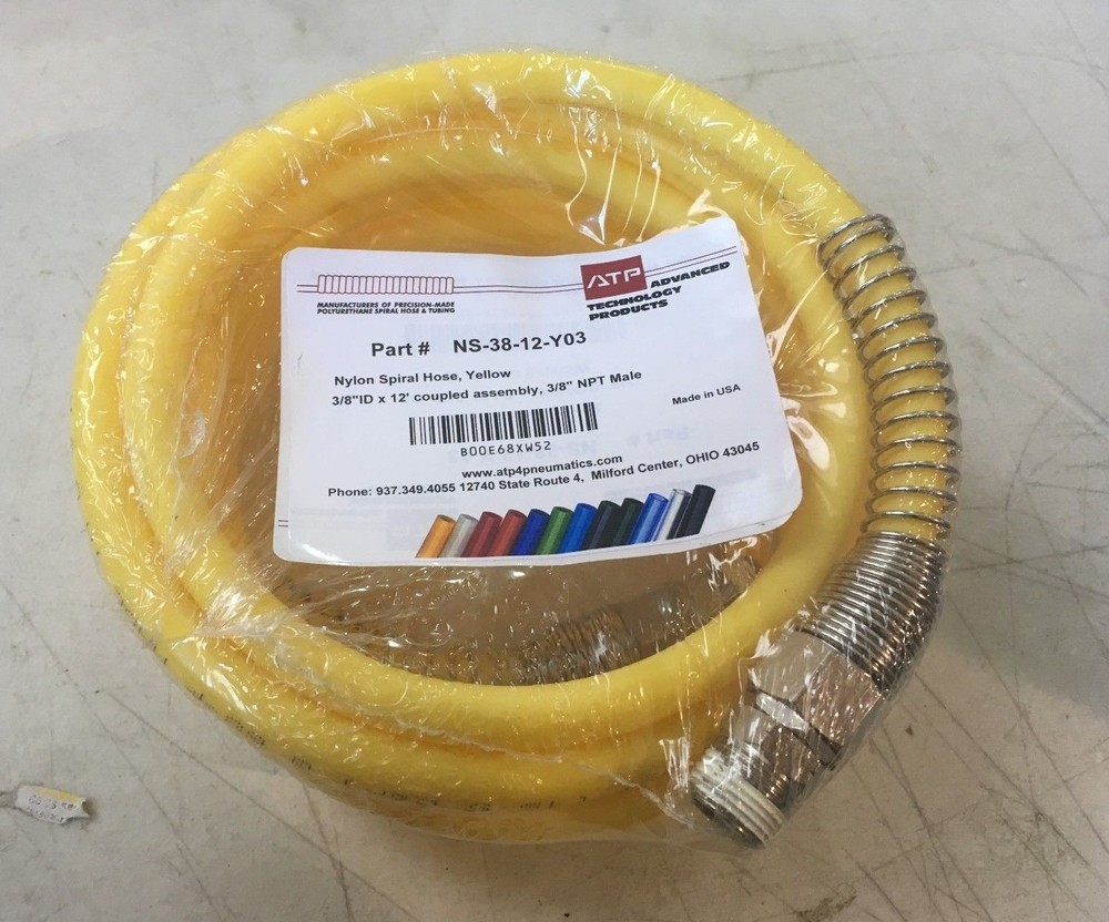 ATP Nylon Spiral Hose Yellow 3/8″ x 12′ Coupled Assembly NPT Male NS-38-12-Y03