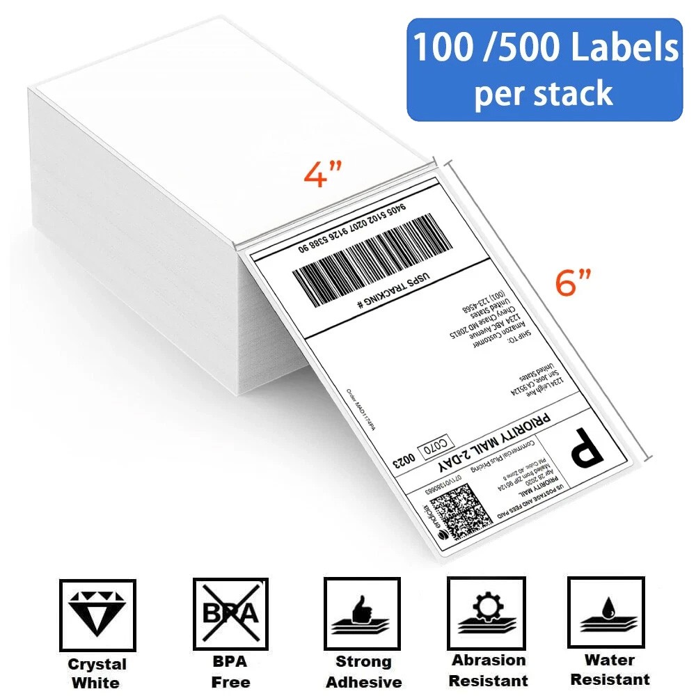 100-2000 4″x6″ Fanfold Direct Thermal Shipping Labels for Zebra Rollo Printers