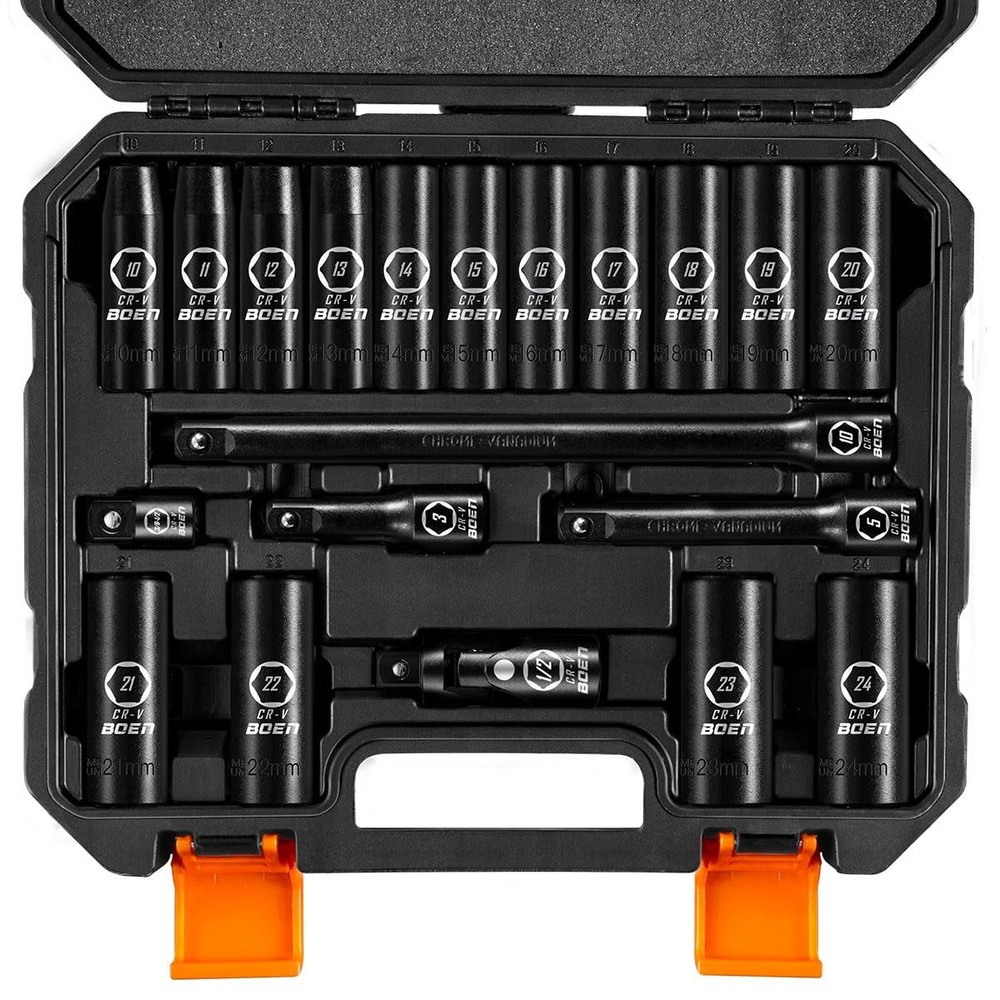BOEN 1/2″ Drive Metric Deep Impact Socket Set, 20 20pcs Set