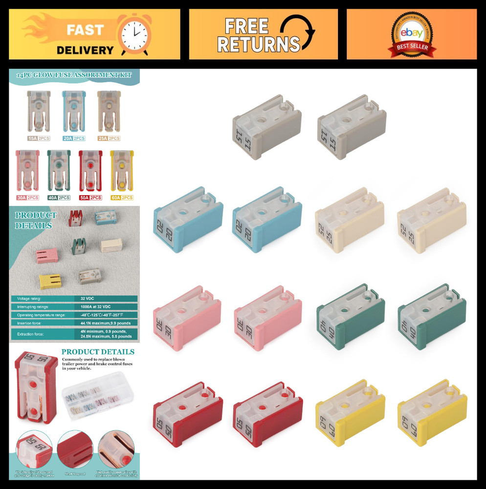 14Pcs Mini Slotted Cartridge Fuse Kit 15A 20A 25A 30A 40A 50A 60A 32V Assortment