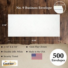 #9 Business Envelopes, 3 7/8 x 8 7/8, Tinted, Sturdy 24lb, White, Gum, 500/Box