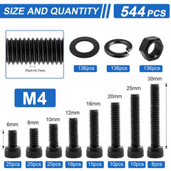 544Pcs M4 Screws Assortment Kit, M4X6/8/10/12/16/20/25/30 Mm Hex Socket Head Cap