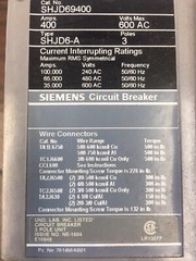 SIEMENS SHJD69400 (400A LI trip) 400 Amp 600 volt Sensitrip III Electronic