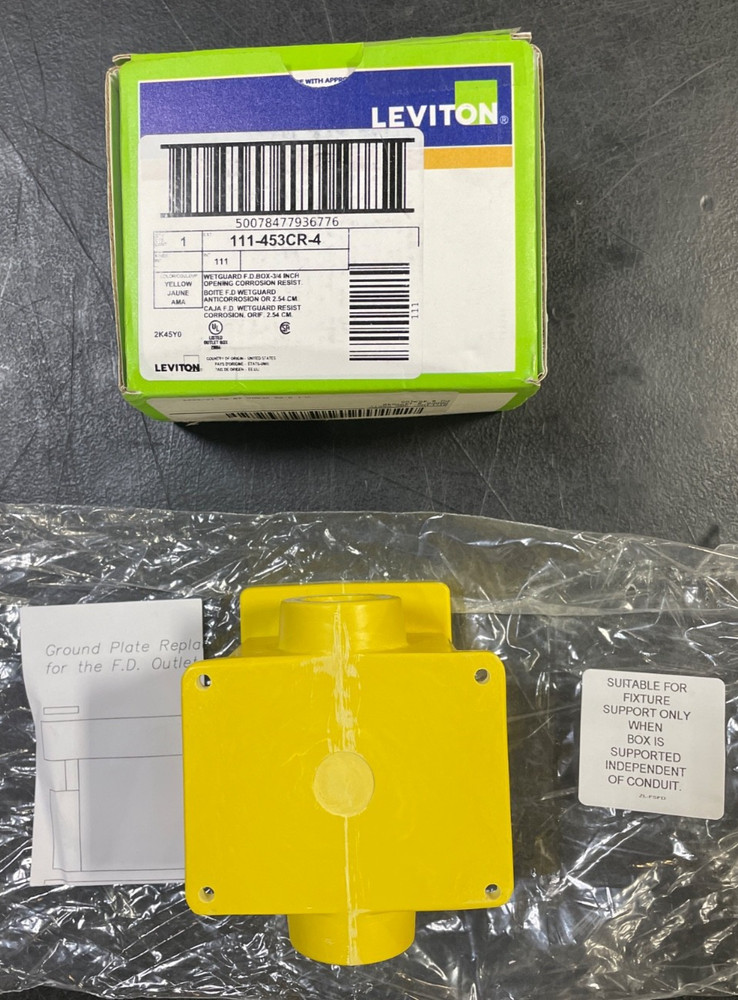Leviton 453CR-4 YL WG 1G FD BOX 3/4 NPT 4-SCREW MOUNT New in Box