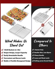 Grill Baskets for Outdoor Grilling, 3PCS Grilling Baskets with Removable Handle,