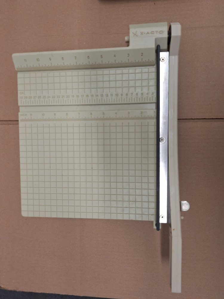 X-Acto Guillotine Paper Cutter – beige, measures in cm & inches, 12″ wide manual