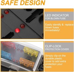 Heavy Duty 4-Way Fuse Block Holder with LED Indicator & 12 Blade Fuses Included