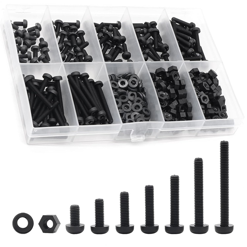 M3 Black Nylon Plastic Pan round Head Screws, Nut Bolts, Gasket Assortment Kit(M