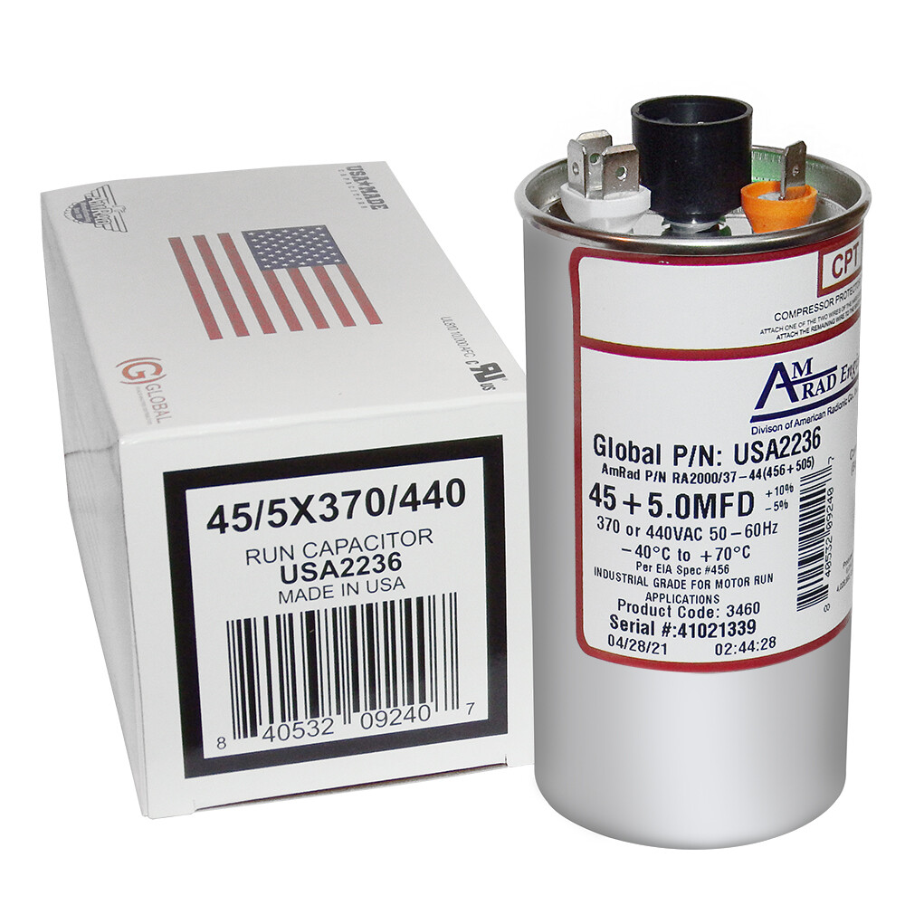Goodman CAP050450440CT Replacement – 45 + 5 uf/Mfd 370/440 VAC AmRad Round Dual
