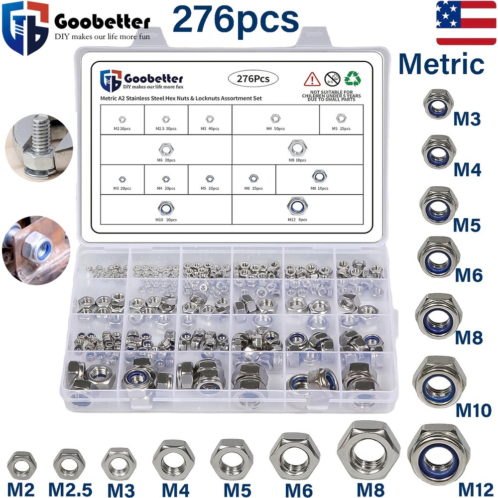 267pcs Metric Hex Nuts & Lock Nuts Assortment Kit M2-M12 Stainless Steel Hex Nut