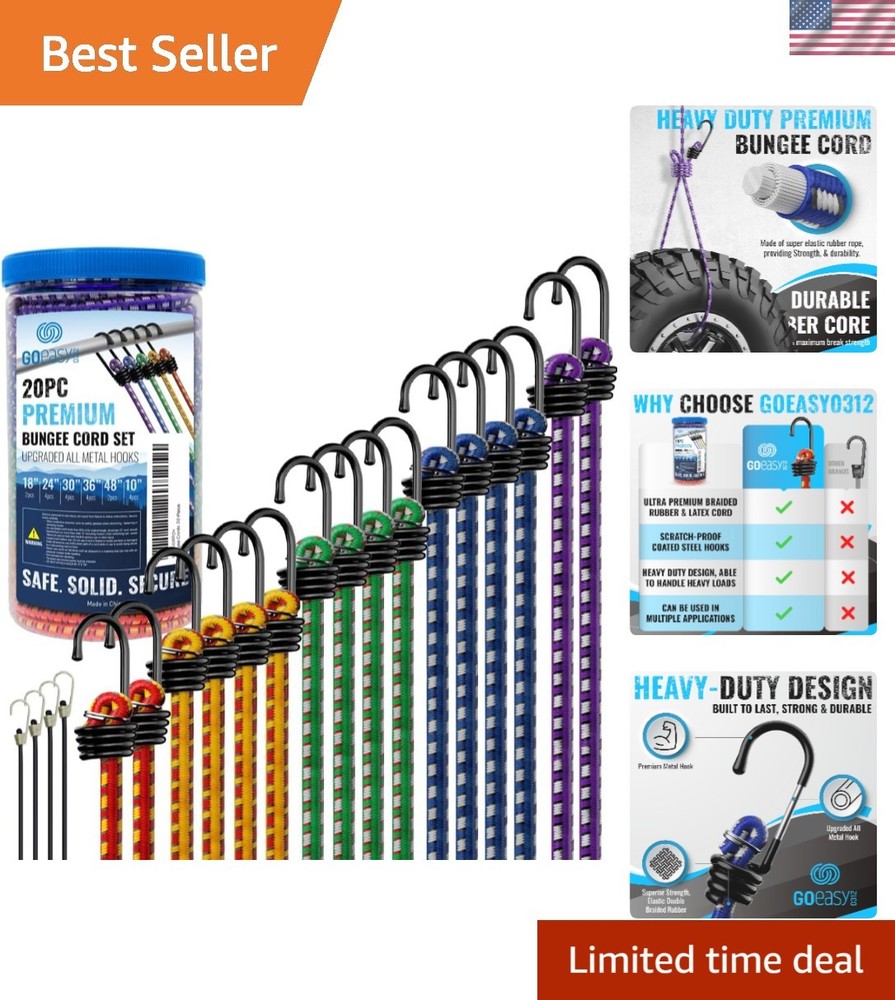 Assorted Lengths Heavy-Duty Bungee Cords – 20 Pcs for All Your Securing Needs