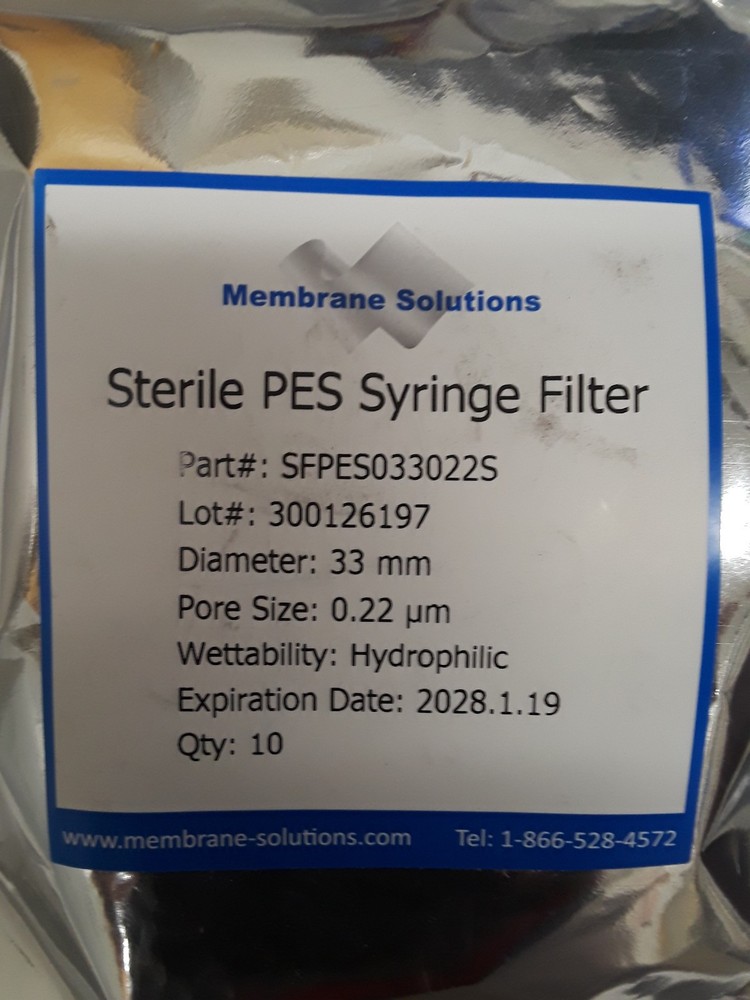 Membrane Solutions PES Syringe Filter Sterile 33mm 0.22µm 10Pcs NEW SFPES033022S