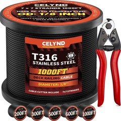 CELYND Black Stainless Steel Cable 200FT 1/8″ T316 Wire Rope