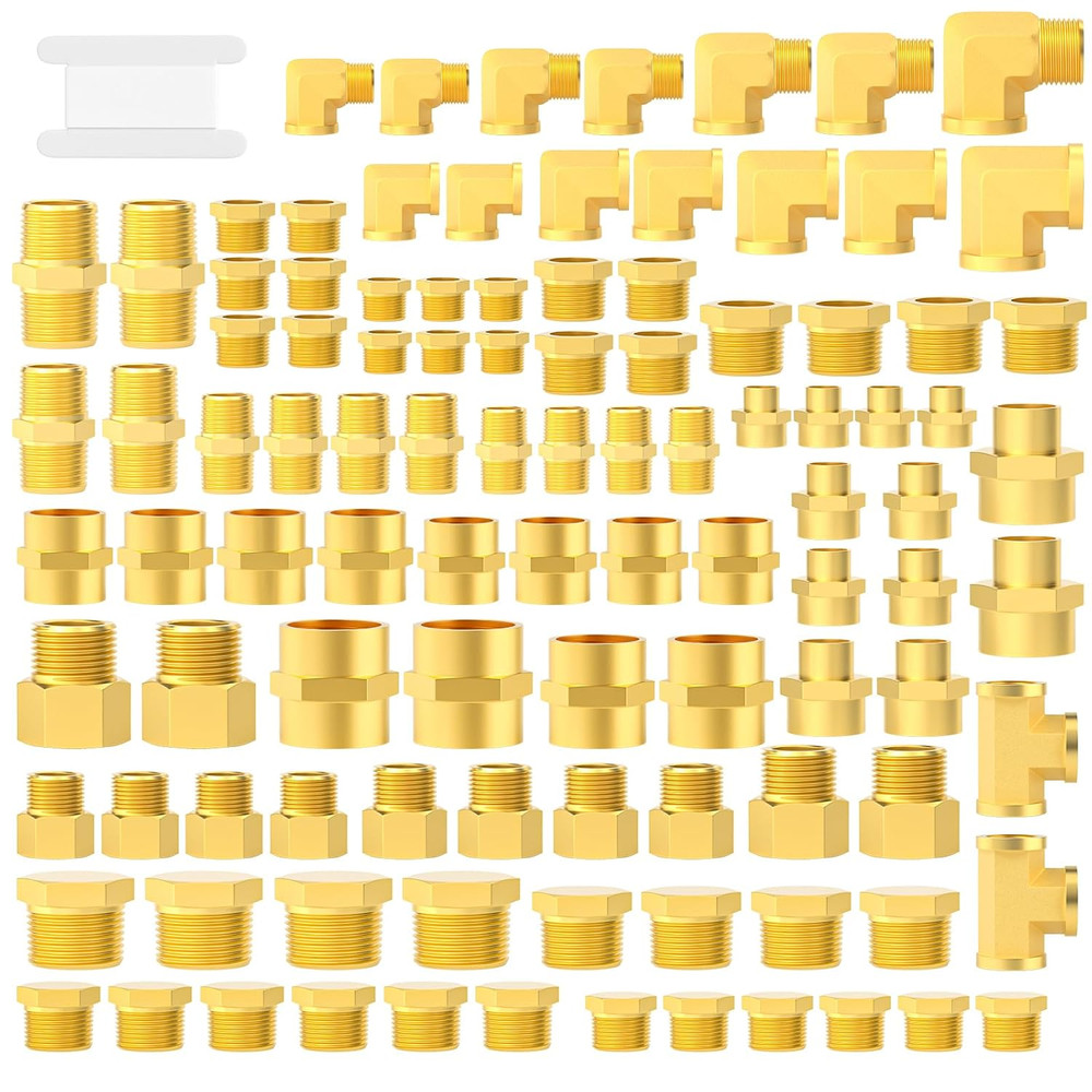 104Pcs Brass Pipe Fittings Assortment Kit, Reducing Adapter, Hex Nipple, Female