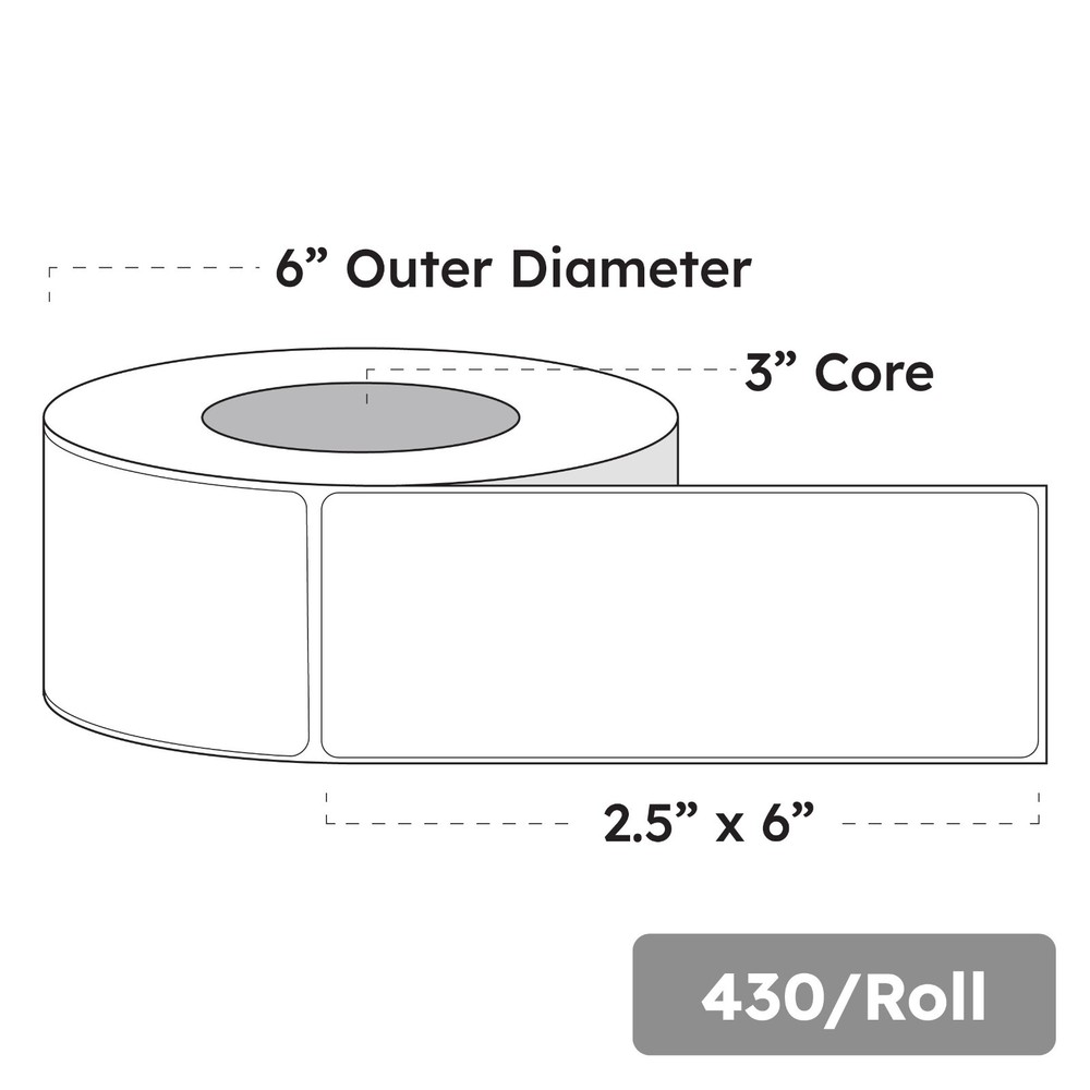2.5″ x 6″ x 430 Labels, White Gloss BOPP Roll Inkjet Labels, 3″ Core, Blank