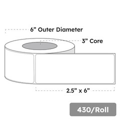 2.5″ x 6″ x 430 Labels, White Gloss BOPP Roll Inkjet Labels, 3″ Core, Blank