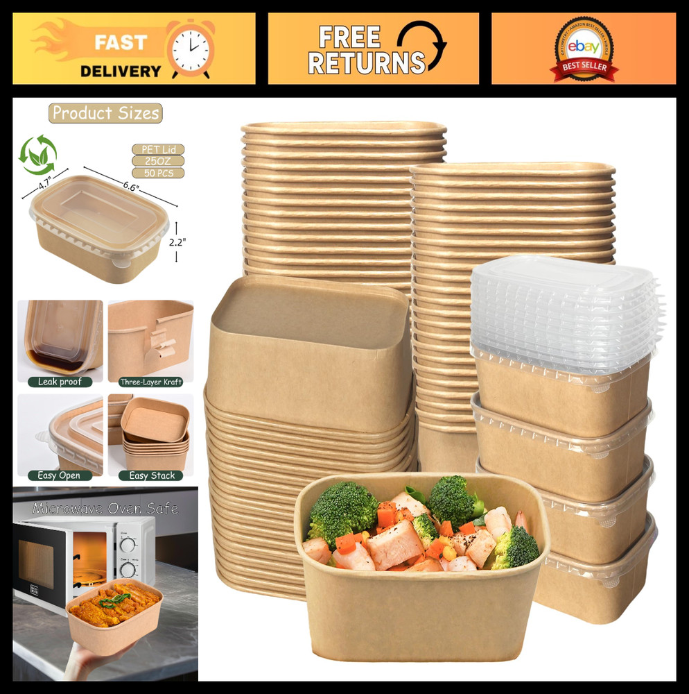 50 Pack 25 OZ Kraft Paper Food Containers with Lids, Oil-Proof Soup & Salad Bowl