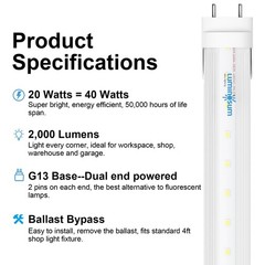 T8 LED Tube Light Bulbs 4 Foot 20W 40W Equivalent, 5000K Daylight 2000LM, T8 T10