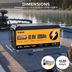 12V 200Ah Lithium LiFePO4 Battery 2560Wh Built-in BMS Deep Cycle Marine RV Solar