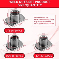 30Pcs Weld Nuts Set,T-Shaped Weld Nuts Kit,3/8 in,5/16 in,1/4 in Tab Base UNC Ca