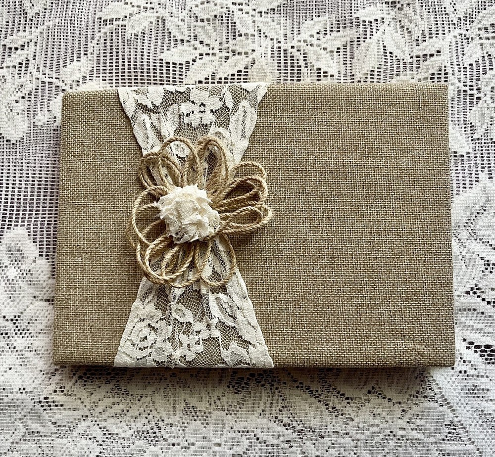 junk journal hand made canvas lace raffia bow 6 1/2 x 9 1/4 in. approx 80 pgs.