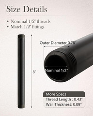 10 Pack 1/2 Inches X 8 Inches Black Malleable Steel Nipples Fitting