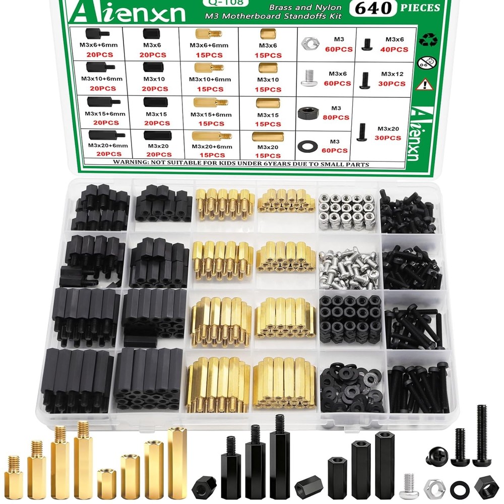 640PCS M3 Brass and Nylon Motherboard Standoffs Kit, Male Female Hex Spacer S