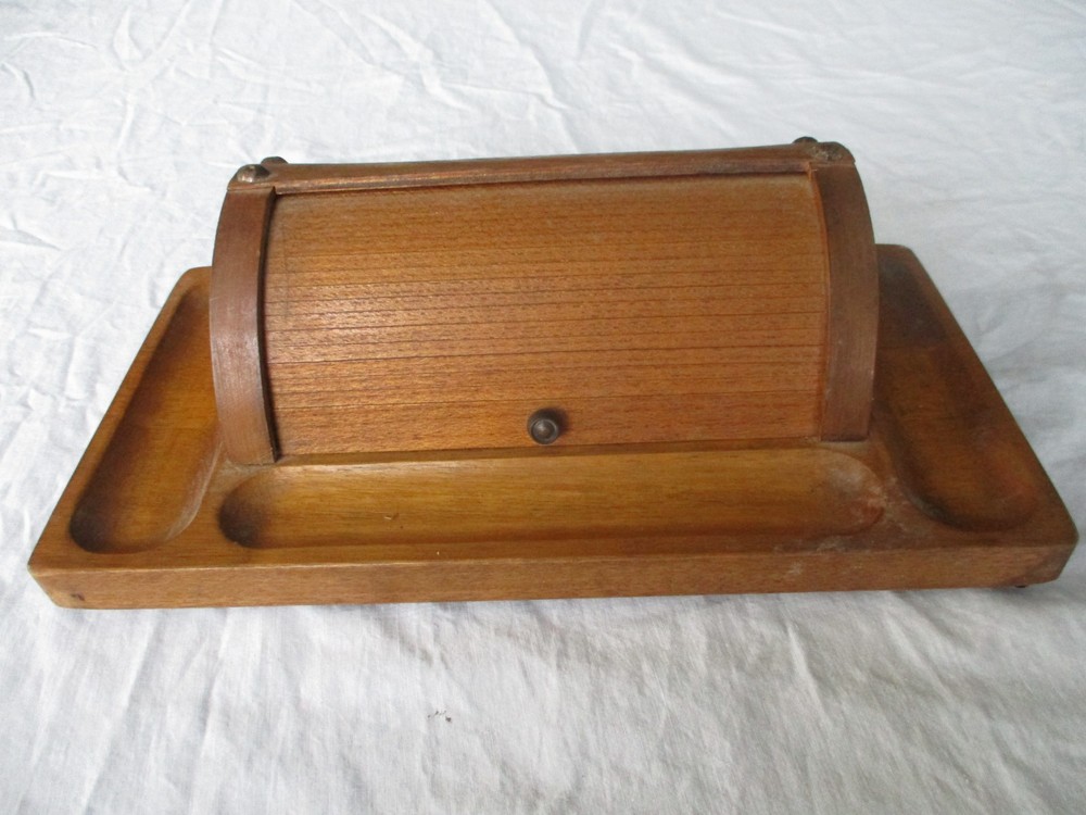 Vtg MCM! Solid Wood Roll-Top Desk Organizer Brass Nailhead Accents 12×6.5″