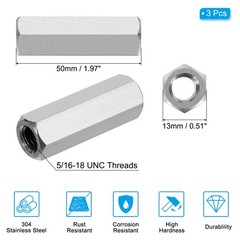 3Pcs 5/16″-18 UNC 2″ Length 304 Stainless Steel Coarse Hex Coupling Nuts