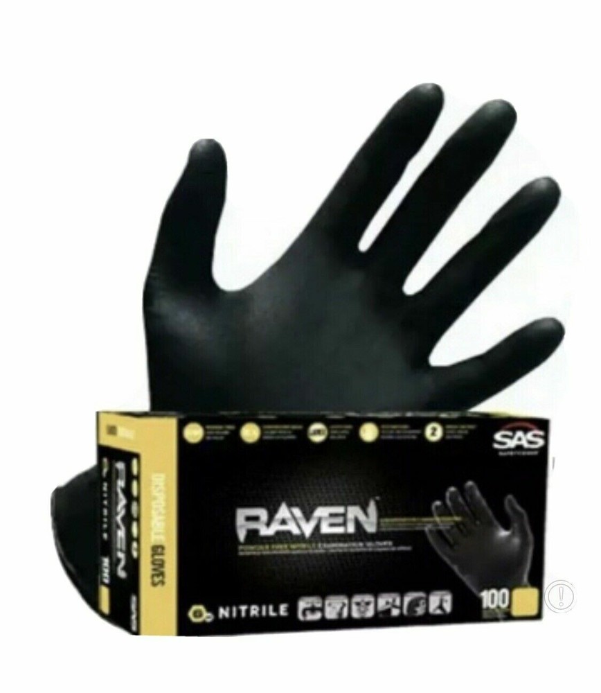 SAS 66517 MEDIUM RAVEN BLACK NITRILE EXAM GLOVES 10 Boxes Of 100 (1000)