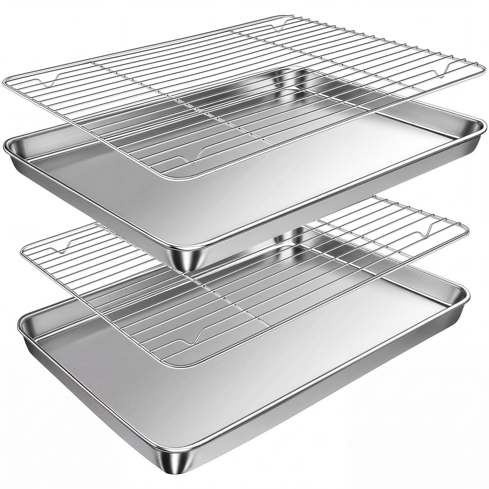 Baking Sheet with Rack Set (2 Pans + 2 Racks), 16 x 16 x 12 x 1 Inch, Silver