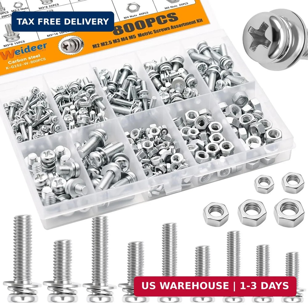 weideer 800Pcs Nut and Bolt Assortment Kit,M2 M2.5 M3 M4 M5 Machine Screws, Batt