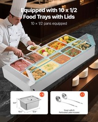 VEVOR Commercial Food Warmer 10-Pan 1700W Buffet Bain Marie with Glass Cover