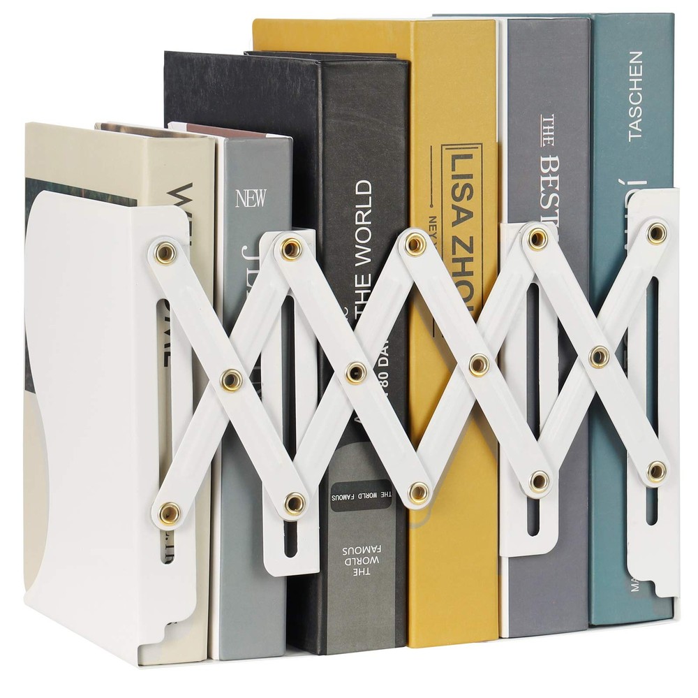 Olebes Adjustable Book Ends, Metal Iron Non 18.9/4.13*6.1*7.68 inch, White