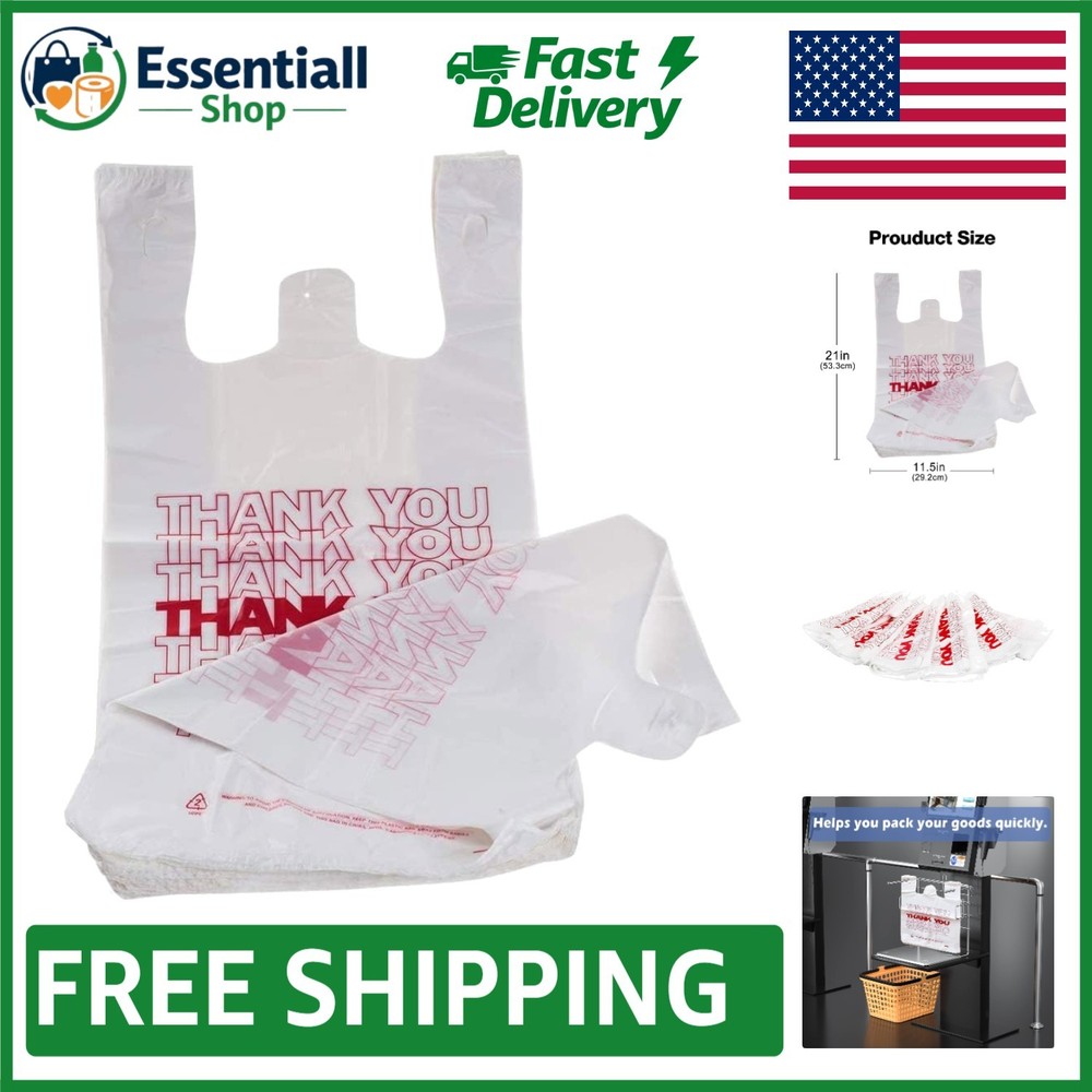 100 Count Thank You Shopping Bags – 11.5″ x 6.25″ | Durable White Plastic