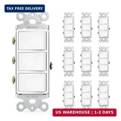 Baomain 10-Pack Triple Rocker Light Switch, 15A 120V Single Pole, 3 Individual S
