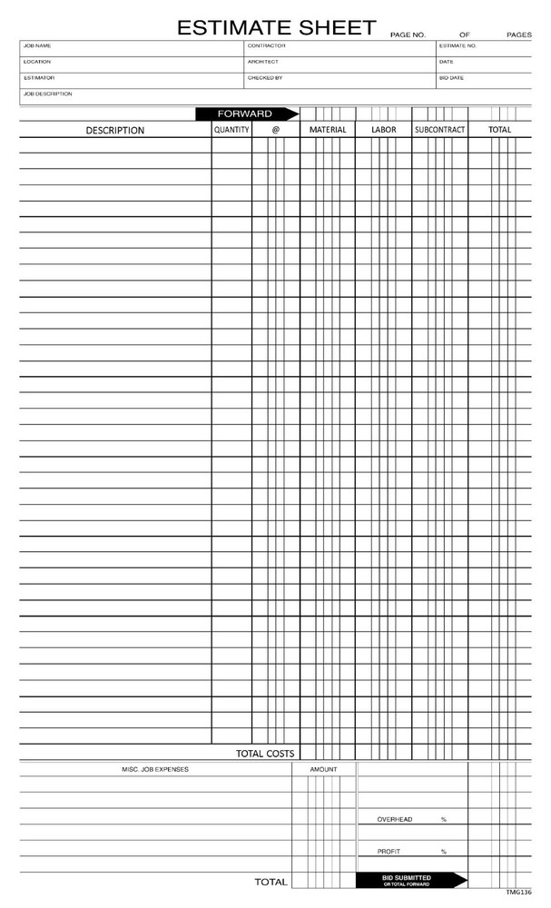 500 Estimate Sheets / 8.5 x 14 / Nebs Deluxe # 237
