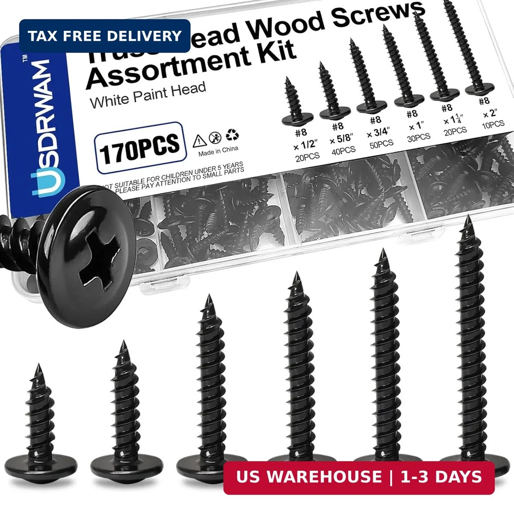 170 Pcs #8 Black Wood Screws Assortment Kit, Pan Head Self Tapping Screws, 6 Siz