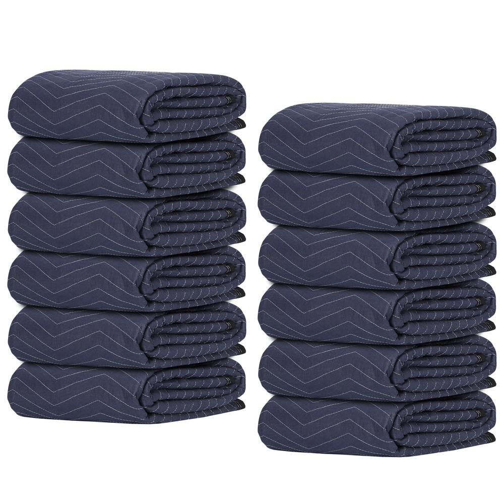 12 Pack Moving Blankets 80″ x 72″ Pro Economy Blue Black Shipping Furniture Pads