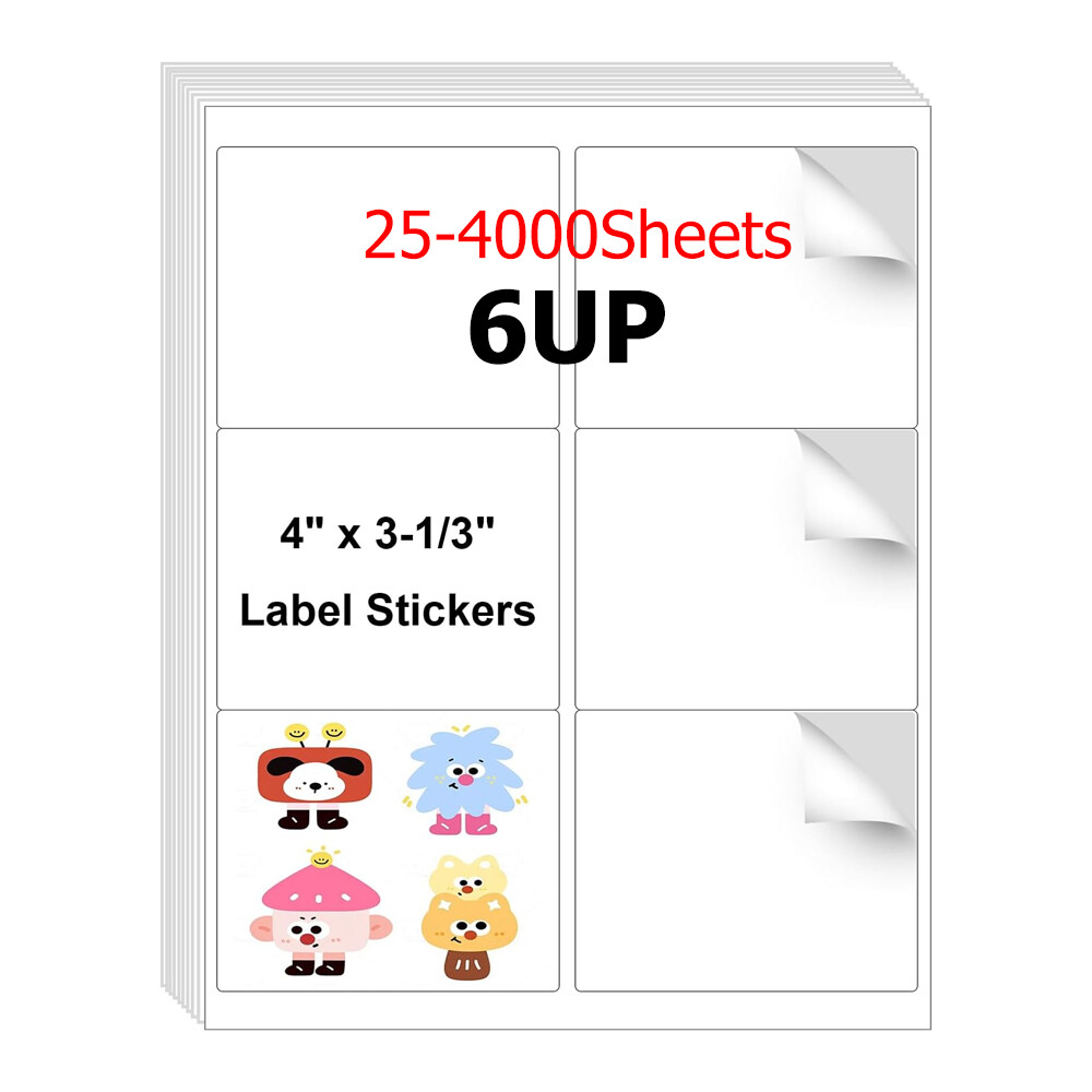 4″ x 3-1/3″ Laser/Ink Address Shipping Adhesive Labels 6 per Sheet Blank 6 UP